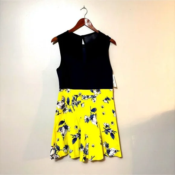 NWT Y2K Navy & Yellow Floral Skater Dress By City Triangle RN#75010 Size 13 - Picture 1 of 6